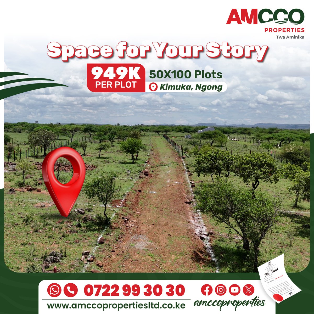 AmccoProperties's tweet photo. Namayian Estate Phase 2 in Olo Shoibor, Kimuka, Ngong offers 50×100 plots at Ksh 949K, with ready title deeds in 30 days, water and electricity on site, just 20 minutes from Kimuka town.
Call/Whatsapp us on 0722 993 030 to secure your plot today
#amccoproperties #ngong #landforsale