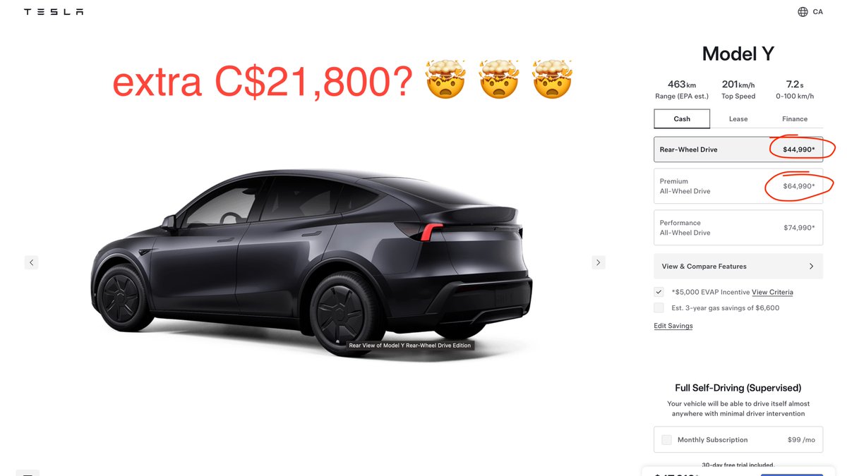 I’m thinking about buying a <a href="/Tesla/">Tesla</a> Y and it’s f***ing complicated. Here’s the deal…

In Canada, 
the Standard is C$49,990 + 12% tax − C$5,000 rebate = C$50,990. 
the Premium version is C$64,990 + 12% = C$72,790.

Do you guys think the Premium version is really worth an extra