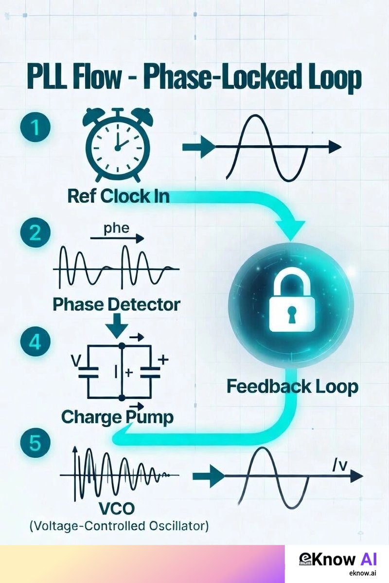 eknowai's tweet photo. PLL keeps CPU/GPU clock perfectly synced.

Simple 5-step flow:
1. Ref clock in
2. Phase detect
3. Charge pump
4. VCO generates freq
5. Feedback locks

Learn here: https://t.co/wIVeteRrf5

Which part confuses you? Reply 👇

#PLL #ChipDesign #Semiconductor #HardwareEngineering https://t.co/cXceHZea4s