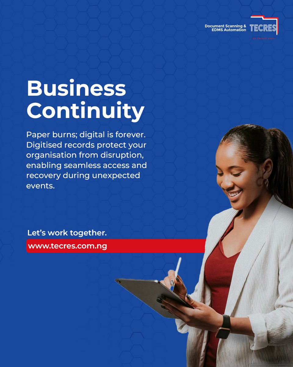 TecresTNL's tweet image. Digitization transforms how organizations manage information faster, safer, and more cost-efficient. Where could your business gain the most from digital transition? DM us to go beyond paper.

 #Digitization
 #PaperlessOffice 
#GoBeyondPaper
 #TecresTechnologies