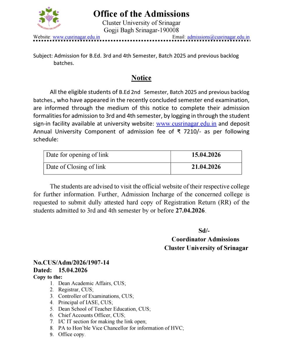 Admission Notification for B.Ed 3rd &amp; 4th semester Batch 2025 &amp; Backlog Batches

Cluster University Srinagar