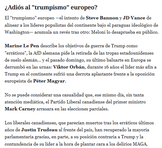 Europeístas y antieuropeístas se separan de Trump tras los bandazos en Irán. Eso no quiere decir que la batalla interna haya desaparecido, por supuesto. Lo contamos, como siempre, en <a href="/elespanolcom/">EL ESPAÑOL</a>