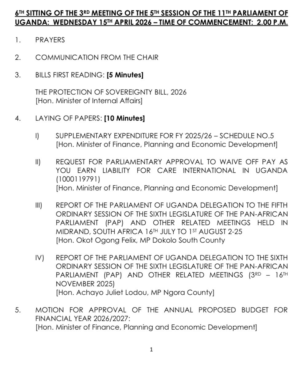 pwatchug's tweet photo. Parliament resumes at 2PM to introduce key new Bill, Budget, and tax laws

Parliament resumes this afternoon at 2PM to begin formal introduction of the Protection of Sovereignty Bill, 2026, the 2026/27 National Budget, and related tax Bills.

You can follow the proceedings live on all our platforms.