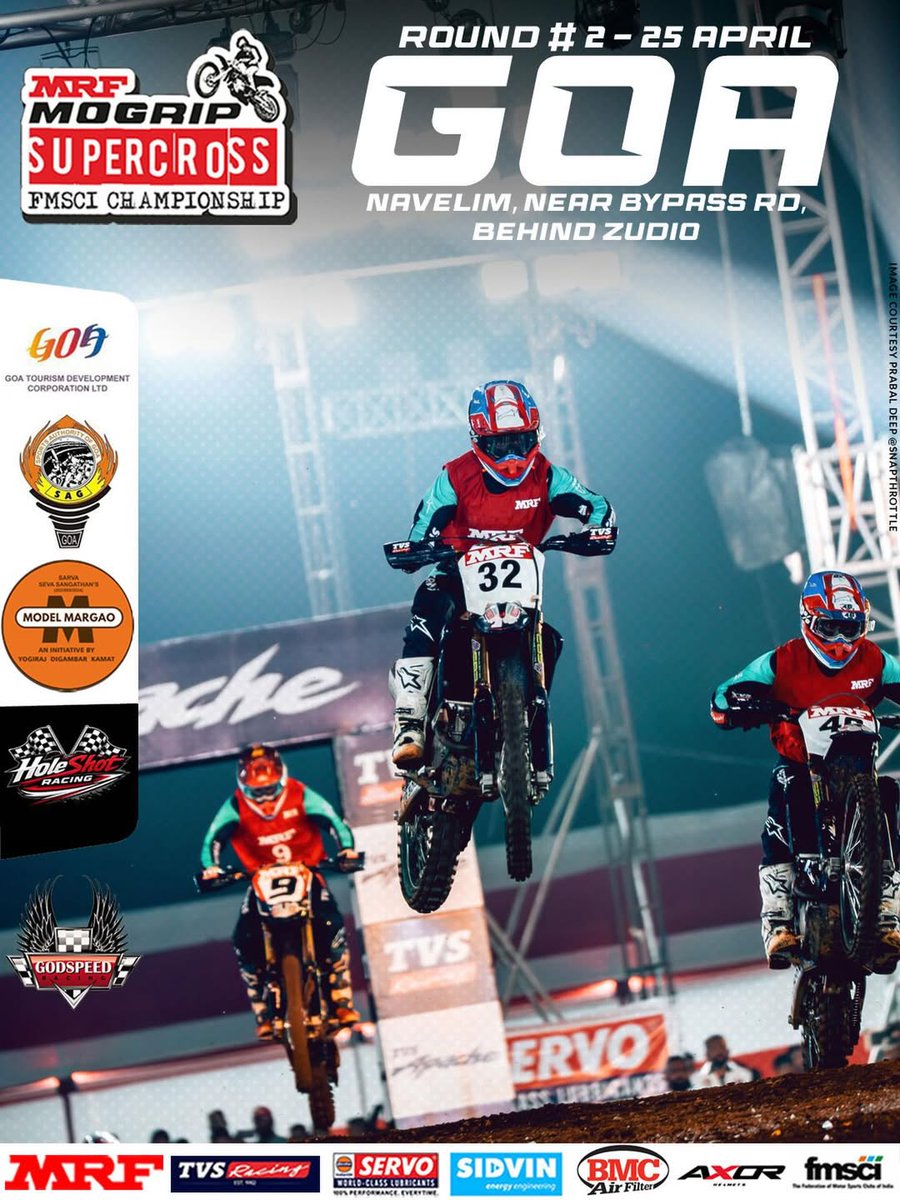 fmsci's tweet photo. π₯ Round 2 is calling! π
Get ready, Goa β the track is set, the engines are roaring, and the adrenaline is about to hit max! π₯
Whoβs ready for the ultimate Supercross showdown? π
π Navelim
ποΈ 25 April
#Supercross #GoaRacing #AdrenalineRush #MRF #TVSRacing https://t.co/oDAT5cJ2Bv