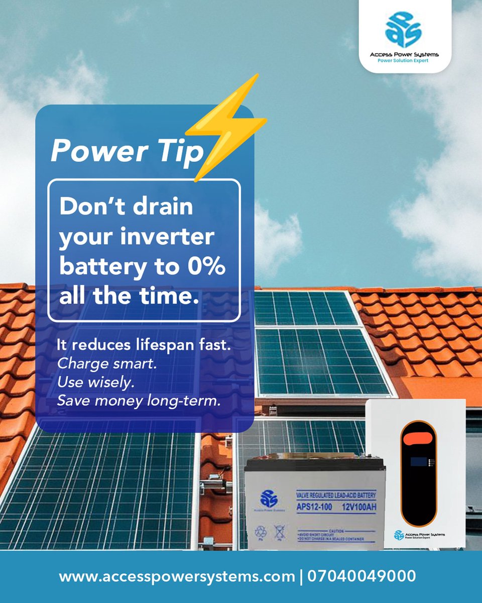accesspower_sys's tweet image. Consistently draining your inverter reduces efficiency and lifespan. Charge smart. Use wisely. Save money in the long run. 

Need expert guidance or installation? Send us a DM or call us. 

#AccessPowerSystems #solarenergy #invertercare #powertips