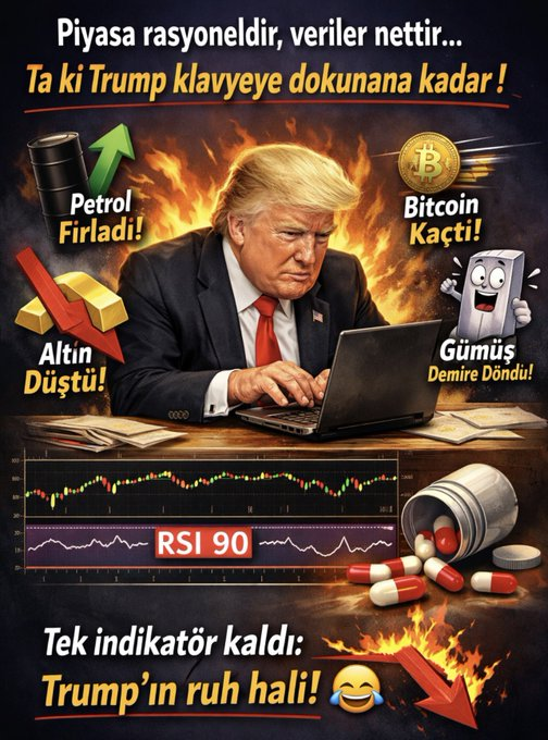 vuthithanhtam92's tweet photo. Piyasa rasyoneldir, veriler nettir… Ta ki Trump klavyeye dokunana kadar!  

Petrol fırladı, Altın düştü, Bitcoin kaçtı, Gümüş korkudan demire döndü. RSI stresten 90’da, tansiyon ilacı arıyor.  

Tek indikatör kaldı: Trump’ın ruh hali! https://t.co/GjjJRRQ8iB
