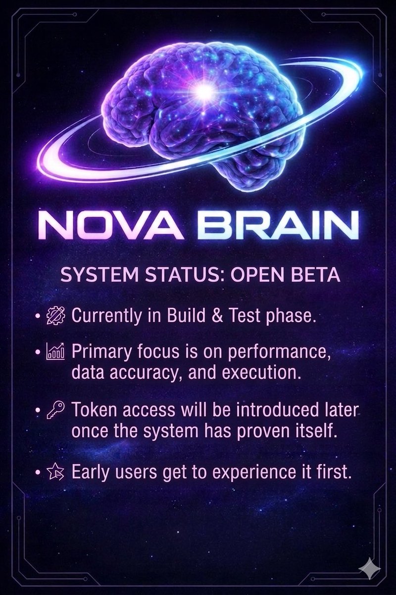 NovaAiBrain's tweet image. Nova Brain is now in OPEN BETA 

novacoredash.com

Currently building &amp;amp; testing — focused on performance, accuracy and real execution.

Token access comes later.
Right now, it’s about proving the system works.

Early users experience it first.

#NovaBrain #AITrading