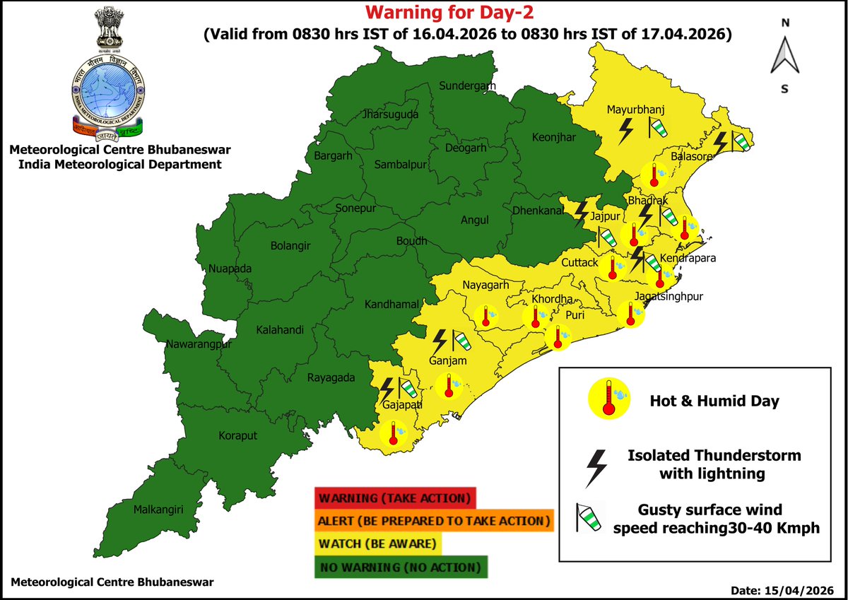 mcbbsr's tweet image. Warning for the State.
Day-1 to Day-7 : Hot and Humid Day Warning.
Day-3 to Day-5 : Heat Wave Warning.
Day-1 to Day-6 : Isolated Thunderstorm, Lightning &amp;amp; Gusty Wind Warning.
#heatwave #thunder #humid #Warning #Odisha #odishaweather #WeatherUpdate