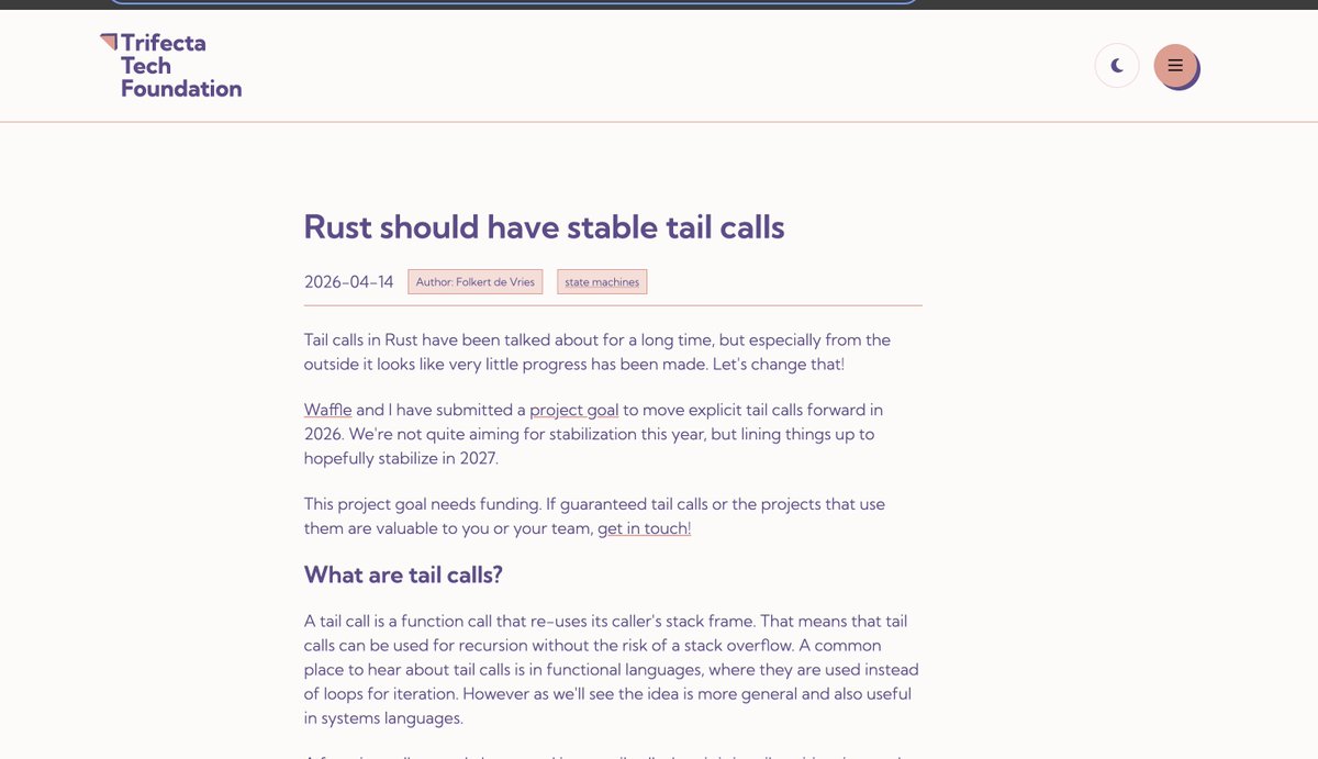 🦀 Rust is finally getting stable tail calls!

Folkert de Vries (Trifecta Tech Foundation) just published a great writeup on why this matters and what's happening in 2026.

⚡ Why care? Tail calls unlock stack-safe recursion and blazing-fast state machines, essential for