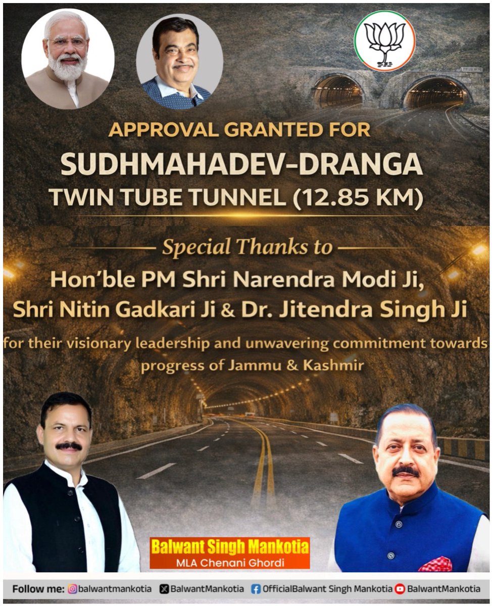 BalwantMankotia's tweet image. Huge thanks to Hon’ble PM Shri Narendra Modi Ji, Shri Nitin Gadkari Ji, and  Dr Jitendra Singh Ji for the approval of the 12.85 KM Sudhmahadav-Dranga Twin Tube Tunnel. This visionary project is a testament to the government's unwavering commitment to transforming Jammu &amp;amp;