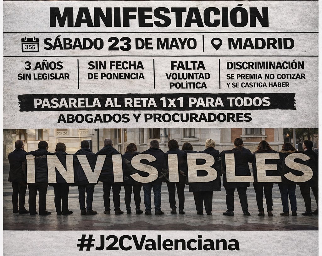 3 AÑOS SIN SOLUCIÓN.
Sin fecha. Sin voluntad política.
No somos invisibles.
📍 Madrid | 23 de mayo
Pasarela al RETA 1x1 YA.
#J2CValenciana