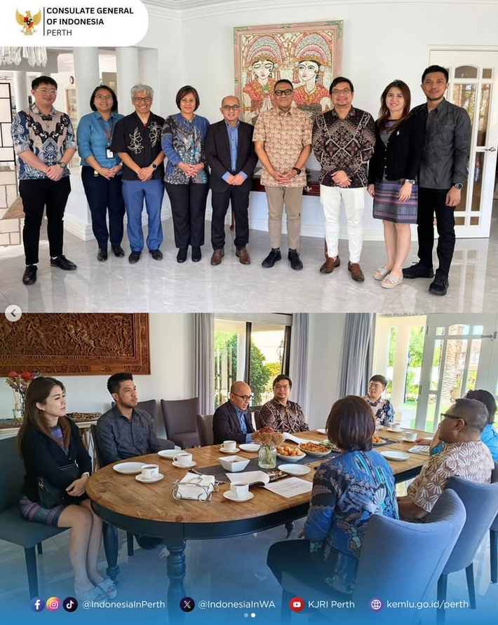 IndonesiaInWA's tweet photo. Konjen RI  Perth menerima kunjungan Atase Perdagangan RI bersama delegasi pengusaha  diaspora Indonesia yang berbasis di Sydney, dalam rangka menjajaki  berbagai peluang kerja sama perdagangan dan investasi (25/03)

#IniDiplomasi
#RintisKemajuan https://t.co/VHoINsrgAX