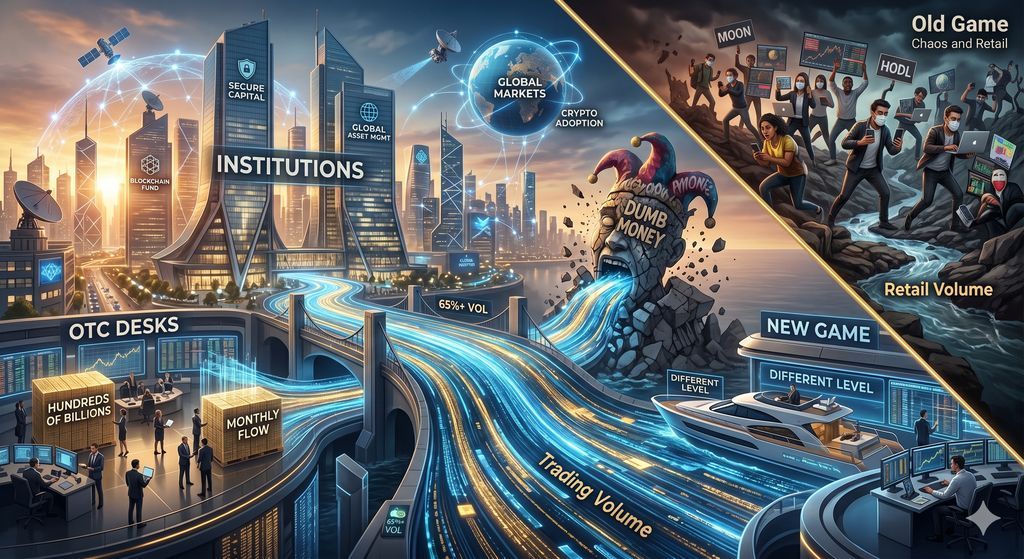 institutions now control 65%+ of crypto trading volume. OTC desks moving hundreds of billions monthly. dumb money narrative is dead. the game is being played at a different level now. adjust accordingly.