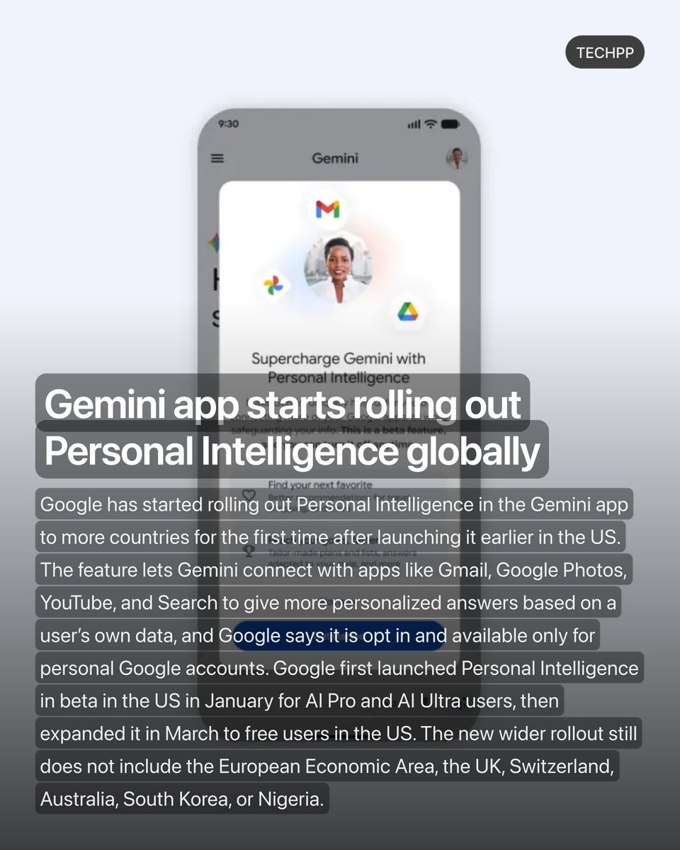 techpp's tweet image. Gemini app starts rolling out Personal Intelligence globally

#Google #YouTube #Launch #Gemini #Personal #PersonalIntelligence #AI #Android #iPhone #TechNews