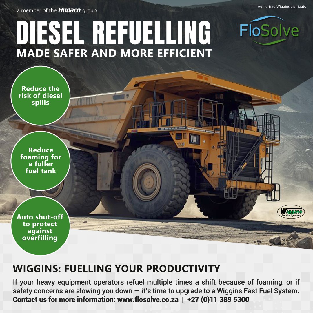 FlosolveSA's tweet photo. Diesel refuelling made safer and more efficient. Wiggins Fast Fuel Systems reduce spills, minimise foaming for fuller tanks, and prevent overfilling with an auto shut-off feature.

https://t.co/6Ht3li6E2y

#FloSolve #mining #productivity https://t.co/IaJXC6mMt1