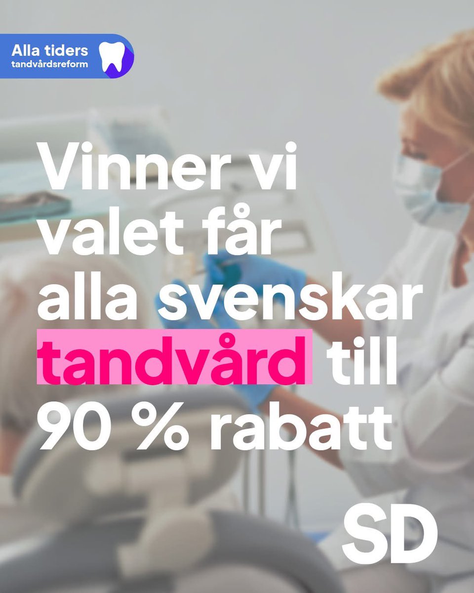 🇸🇪 <a href="/sdriks/">Sverigedemokraterna</a> har genomfört den största reformen på tandvårdsområdet i modern tid. Den som är 67 + år betalar sedan årsskiftet 10% av priset.

Nästa mandatperiod kommer vi att se till att alla svenskar, oavsett ålder, omfattas av reformen. Rösta på Sverigedemokraterna👍🏼