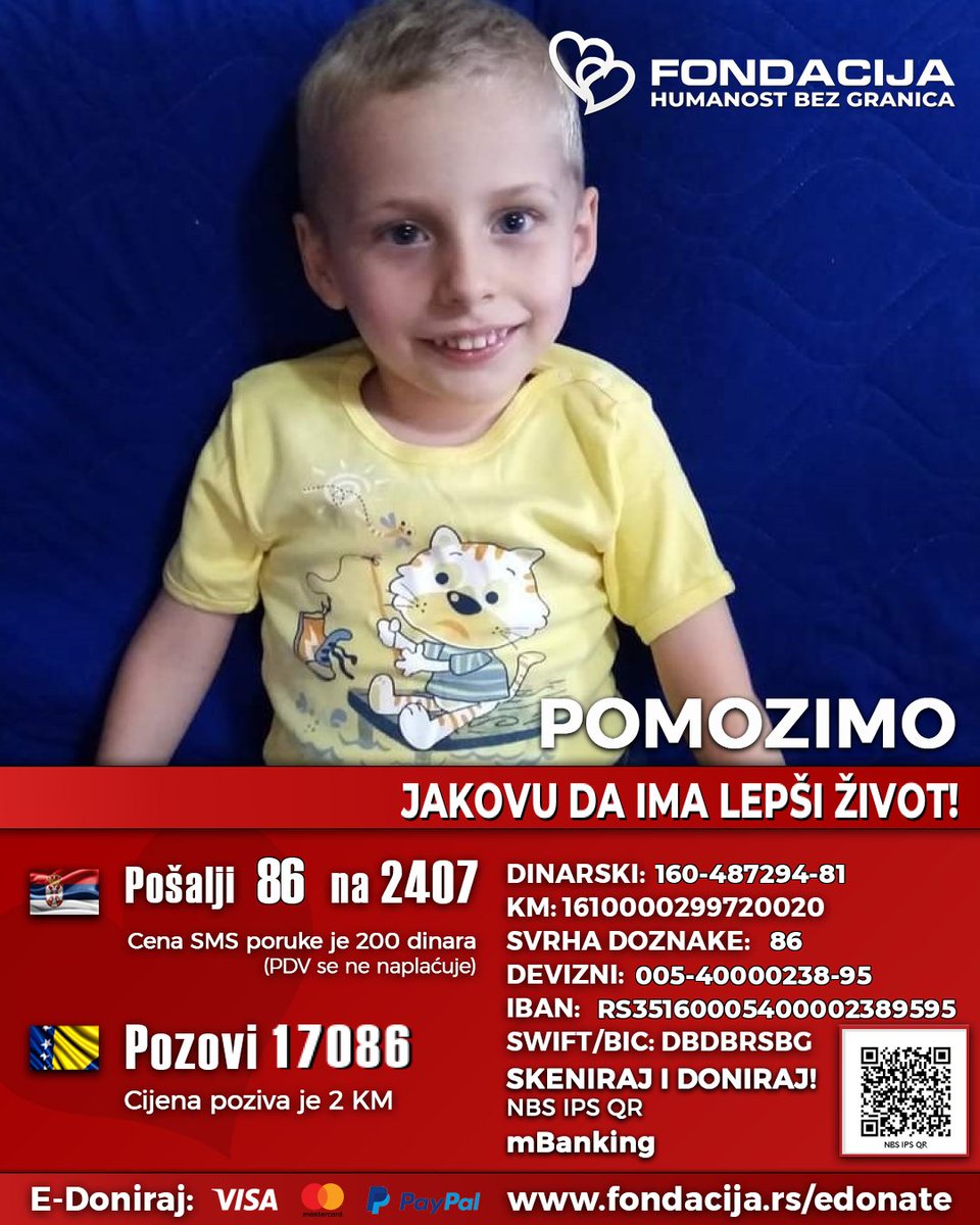 Vladano's tweet photo. Jakov boluje od SMA, koja se manifestuje gubitkom osnovnih životnih funkcija - disanje, hodanje...

Pomozimo!

🇷🇸 Pošalji SMS: 86 na 2407
https://t.co/nhGQY1BhTb
(link za mobilne)

🇧🇦 Pozovi: 17086

Skeniraj QR kod!

E-Doniraj - VISA, MasterCard, PayPal:
https://t.co/LSZEuBdniL https://t.co/YAxakzJajn