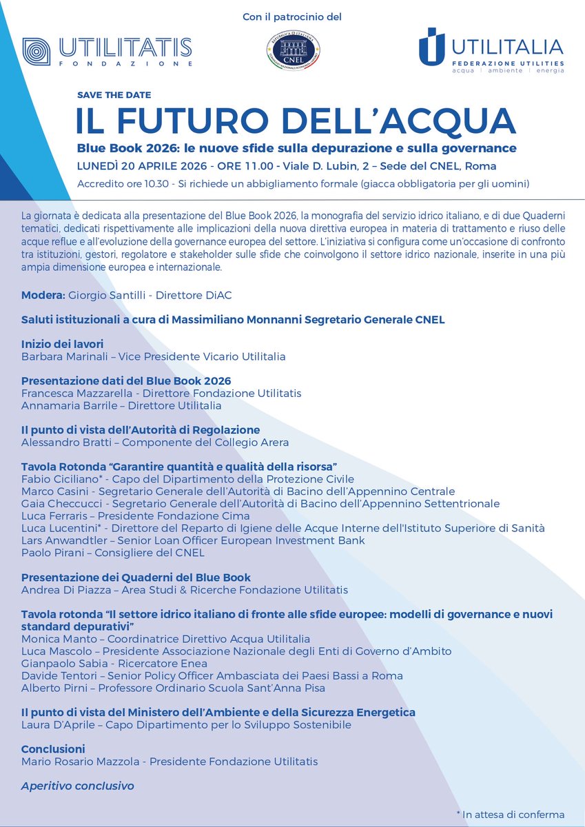 PiraniP's tweet photo. 🔵Lunedì 20 aprile presso il @cnel confronto sul settore idrico nazionale
Per registrarsi ➡️ https://t.co/4WOAu3kfRo
#idrico #settoreidrico #sfideidriche #acqua #futuroacqua #bluebook #risorse #risorseidriche #sicurezzaenergetica #sfideeuropee https://t.co/XUquy3K6iy