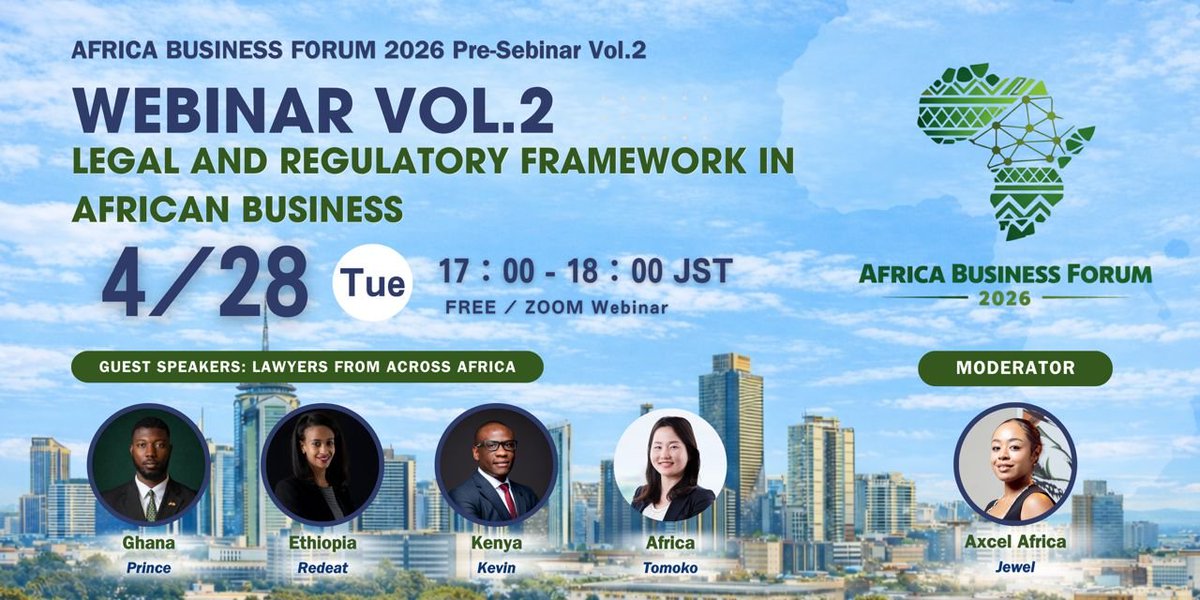 JerryMuganda_KE's tweet photo. Following a successful Africa Business Forum Pre-seminar Volume 1, we are pleased to announce the second edition (Volume 2). Tune in to learn of the legal and regulatory framework in African Business.

It's open to everyone interested in the Africa Business market and prospective networking with Japanese companies.

To participate, please register through the following link. Registration is FREE. 

Registration link: https://t.co/qf6rIZCRPi