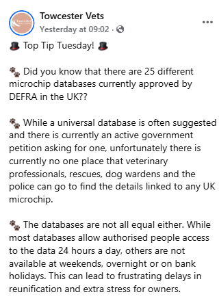 PDRescue's tweet image. Microchip info/advice from @TowcesterVets.

check-a-chip.co.uk

OP: facebook.com/photo?fbid=157…

#dogsofX #dogtwitter #dogsoftwitter @VetsGetScanning 

PLEASE also take a minute to sign:
petition.parliament.uk/petitions/7486…
(Petition: Introduce a Central Microchip Portal...)
