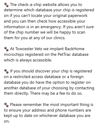PDRescue's tweet image. Microchip info/advice from @TowcesterVets.

check-a-chip.co.uk

OP: facebook.com/photo?fbid=157…

#dogsofX #dogtwitter #dogsoftwitter @VetsGetScanning 

PLEASE also take a minute to sign:
petition.parliament.uk/petitions/7486…
(Petition: Introduce a Central Microchip Portal...)