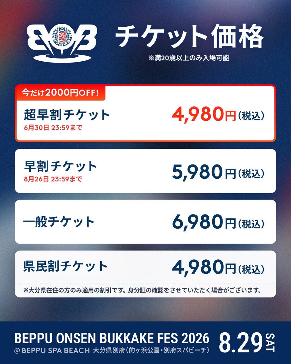 takapon_jp's tweet photo. 【今年も別府に熱い夏がやってくる！】

今年も別府に熱い夏がやってくる！　2023年に初開催され2024は惜しくも台風で中止となったBOBが昨年に引き続き帰ってきました！
今年はサブステージもできてパワーアップされる予定！

BEPPU ONSEN BUKKAKE FES 2026
2026年8月29日(土)
https://t.co/L0PNqhzOwQ

そして！　【超早割】チケットの販売スタート！
なんとチケットは昨年よりも値下げして4980円で発売されます！　6/30 23:59までの特別価格となっておりますのでお早めに！
そして、大分県民の方は県民割でずっと4980円です！

▼チケットぴあはこちら
https://t.co/pnzKl1qFlw
▼エンチケはこちら
https://t.co/oDiVmfoBS5

また、【第1弾】出演アーティストも発表！
MINMI、nobodyknows+、SHOGO（175R）、DJダイノジ、はなわ、エハラマサヒロ、MC澤田拓郎（MCハイラム）が決定！　もちろん第2弾もありますので、お楽しみに！
▼公式サイトからチェック
https://t.co/L0PNqhzOwQ 

<続>
https://t.co/J5xqsqv46D