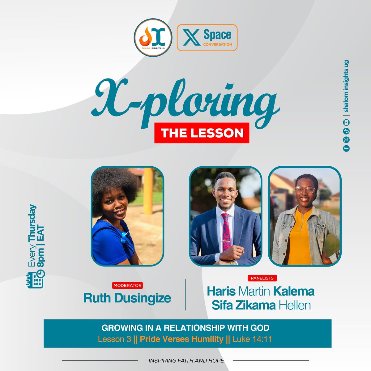 #ShalomInsights | X-SPACE 🎙️

Join us as we X-plore the weekly lesson and respond to His everlasting love! 📖

​🎙 Moderator: Ruth Dusingize
🎤 Panellists: Sifa Zikama Hellen and Haris Martin Kalema

​🗓 Thursday, April 16, 2026
⏰ 8:00 PM - 9:00 PM

#XploringTheLesson