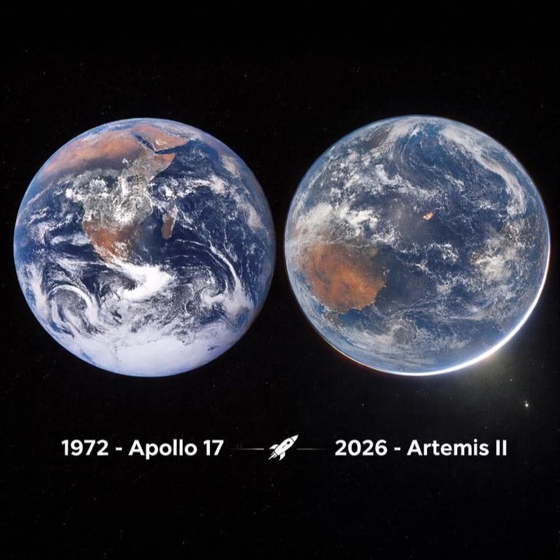 Podcast_bsg's tweet photo. Il n'y a rien qui vous choque sur cette photo ? La Terre de 2026 apparaît plus terne qu'en 1972. Est-ce une preuve de plus que l'humain l'a abîmée ? Attention aux conclusions hâtives : celle de 2026 a été prise à contre-jour, 50 000 ISO, d'où la perte en couleurs et contraste. https://t.co/q4LYm8jMoj