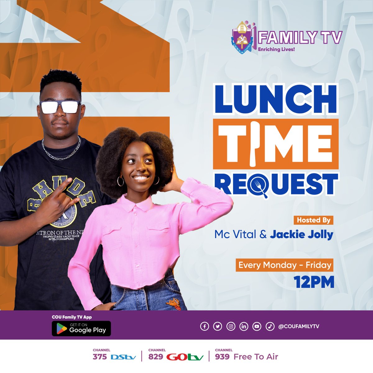 coufamilytv's tweet photo. UP NEXT: #LunchTimeRequest. Request your song in the comments, and let’s lift the midweek mood together. 12–2 PM 
👥Hosted by @JKamugira15 and MC Vital Only on COU Family TV
Take a break, grab your lunch, and let’s make your afternoon brighter with your favourite gospel hits.
#Entertainment #COUFamilyTv #EnrichingLives