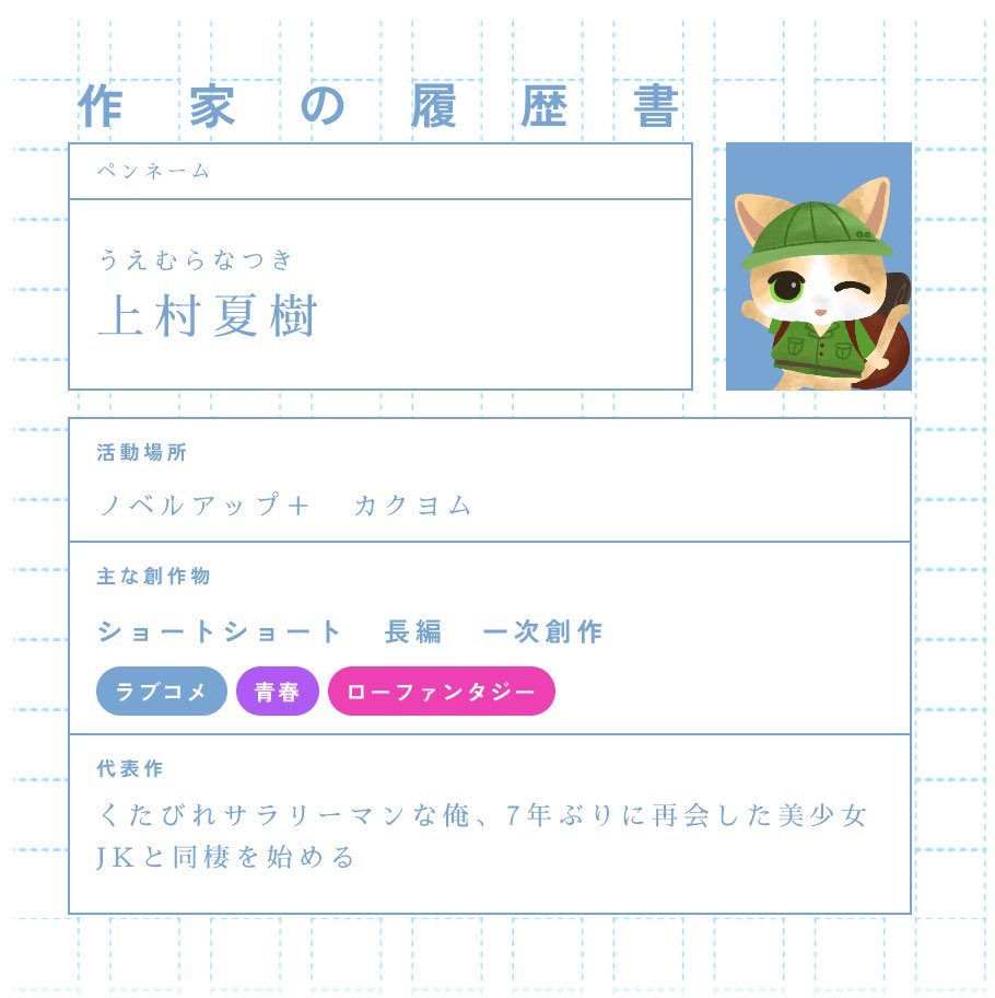 uemura_natuki's tweet image. Nolaさんで作れる履歴書やってみました！

名刺代わりとのことですが、名刺以上にたくさん情報を書けるのがいいですね。まさしくプロフィール。

特にSNSでリンク等の導線を使わず、ぱっとすぐ見えるのがいいかも✨️

 #Nola
 #作家の履歴書