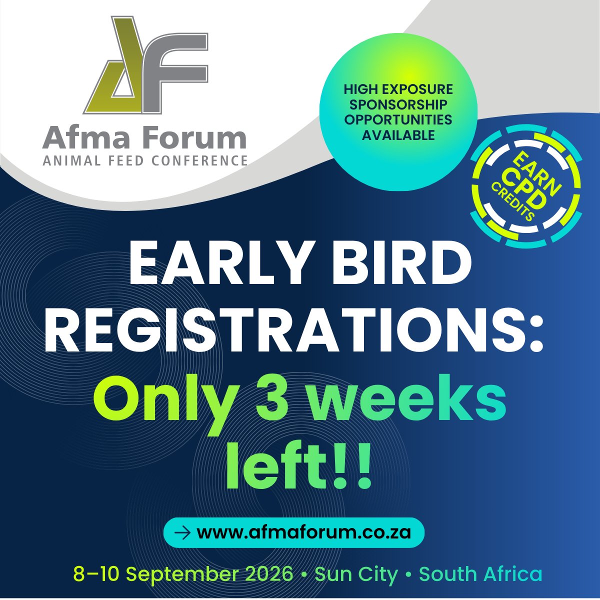 afmasouthafrica's tweet image. 🚨 3 Weeks Left! Early Bird registrations for #AFMAForum2026 are closing soon ⏰

Secure your discounted rate now: afmaforum.co.za

#earlybird #dontmissout #feedindustry #agribusiness