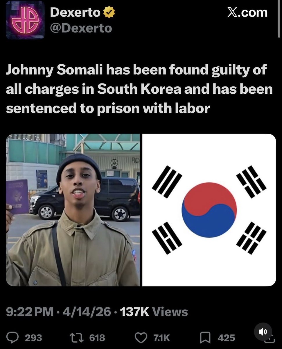 In the interest of justice they should live stream his entire sentence behind bars. I’d pay to see that.

#johnnysomali #southkorea #japan