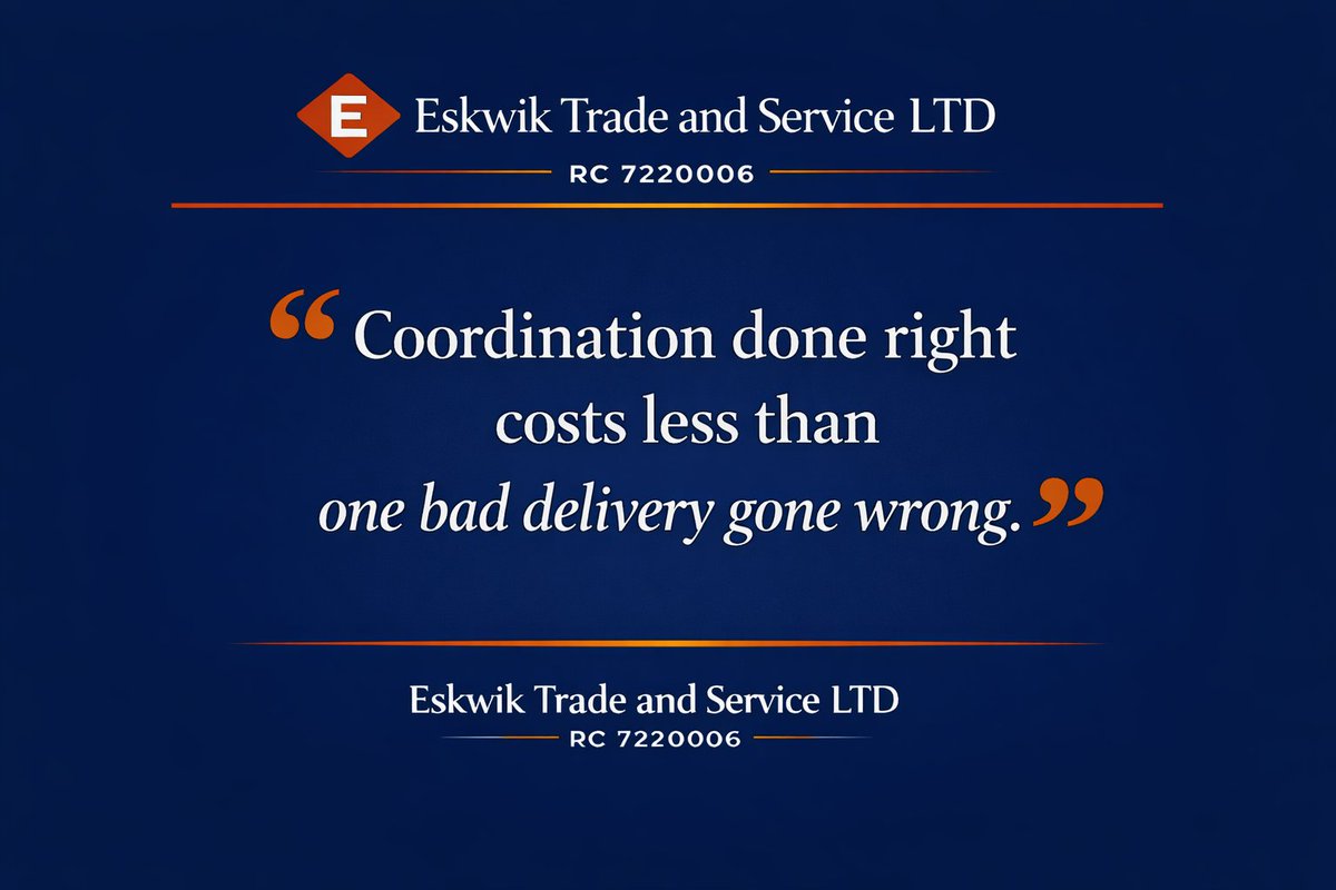 EskayProcures's tweet image. At Eskwik, we don't finance your contracts or handle your money. We coordinate, source, negotiate and manage delivery on your behalf.
Clean, simple, effective.
#EskwikTradeAndService #Delivery #Procurement #Vendor #Supplies