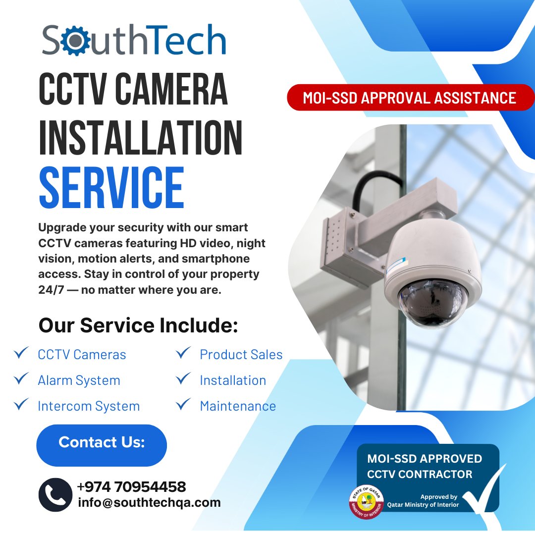 SouthTechQatar's tweet photo. Secure what matters most with SouthTech!
We provide professional CCTV installation with HD video, night vision, motion detection, and smartphone access—24/7.
✅ MOI-SSD Approval Assistance Available
📞 +974 7095 4458
📧 info@southtechqa.com
#SouthTech #CCTV #SecuritySolutions https://t.co/6GfBYseV6H