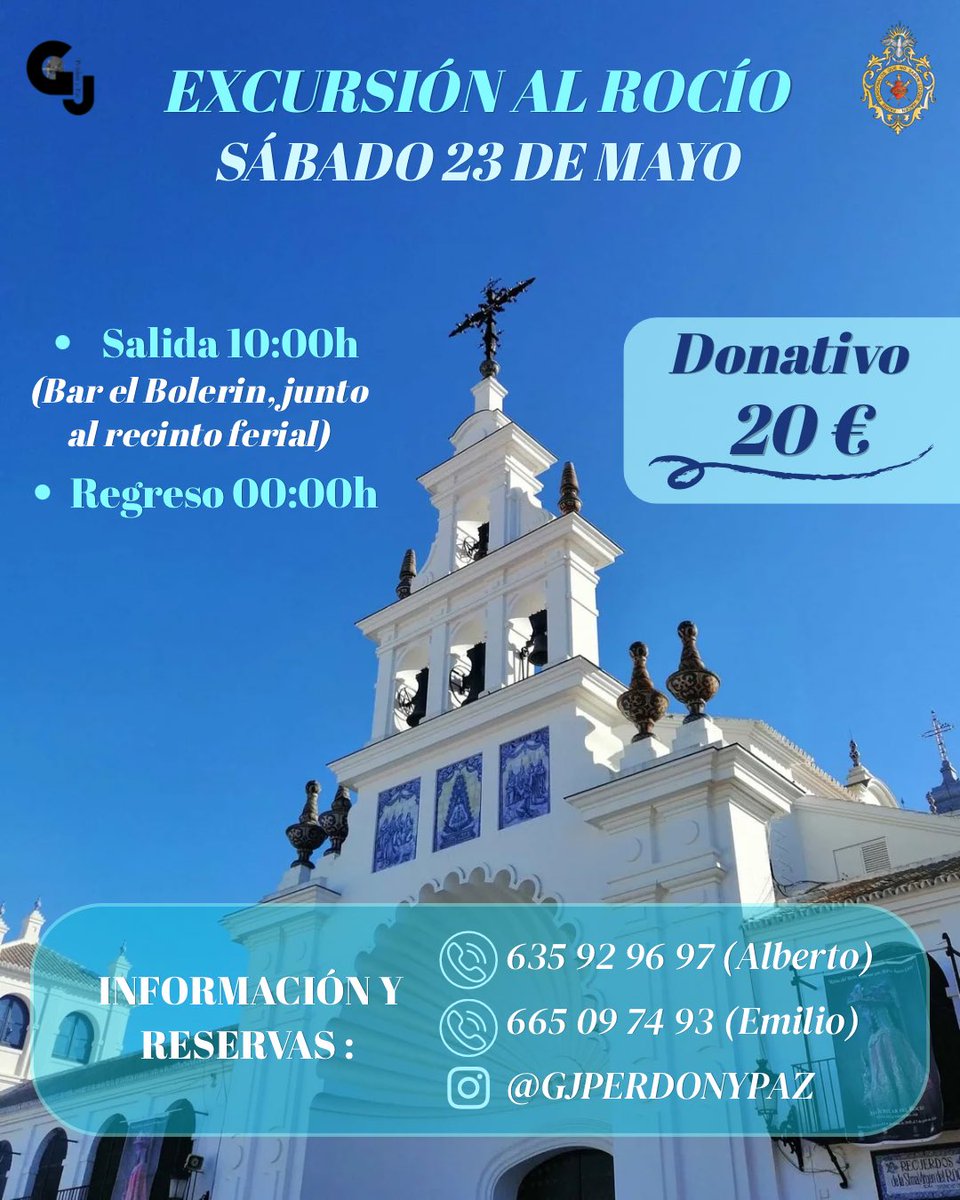 Excursión al Rocío 🌿
📅 Sábado 23 de mayo
🕙 Salida 10:00h | 🕛 Regreso 00:00h
📍 Bar El Bolerín
💶 20€

Organiza el Grupo Joven 🙌
📞 Info y reservas: 635 92 96 97 (Alberto)/ 665 09 74 93 (Emilio)

¡Reserva tu plaza y no te lo pierdas!