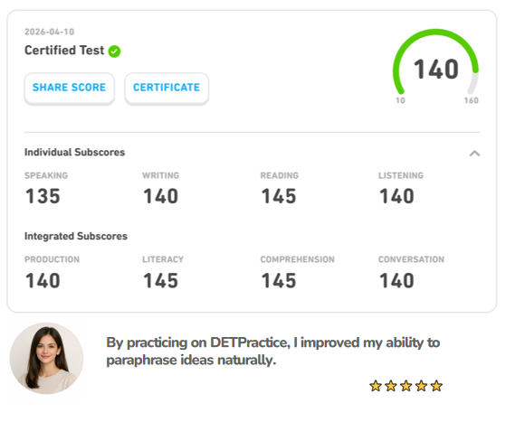 PracticeDET's tweet image. 🇪🇸 Lucía Martínez scored 140 on the Duolingo English Test in 2 months.
”With Mock Tests and AI Tutor on detpractice.com, she improved consistency and precision.
👉 Claim your 3-day FREE VIP and take your DET prep to the next level.
#DuolingoEnglishTest #DET