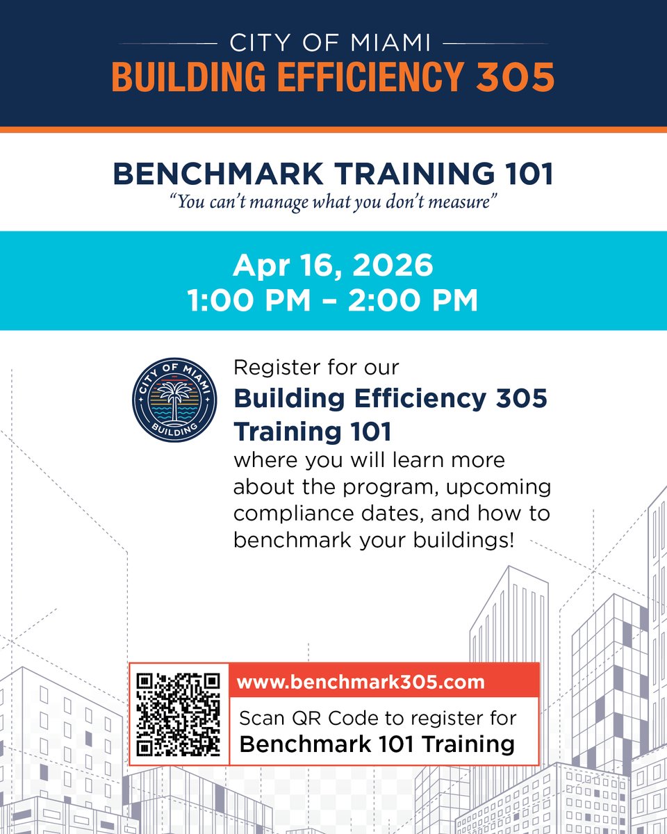 CityofMiami's tweet image. 📢 Have you registered yet?
 Benchmark Training 101 will help Miami building owners and managers understand the Building Efficiency 305 Program.
 📅 April 16 | ⏰ 1 PM
🔗 benchmark305.com
 #CityofMiami #EnergyEfficiency