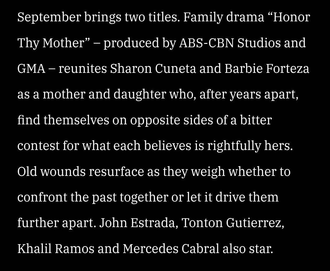 Variety mentioned the ABS-CBN and GMA collaboration for Honor Thy Mother starring Sharon Cuneta and <a href="/dealwithBARBIE/">Barbie Forteza</a>.
<a href="/Variety/">Variety</a> <a href="/ABSCBN/">ABS-CBN Entertainment</a> <a href="/gmanetwork/">GMA Network</a>