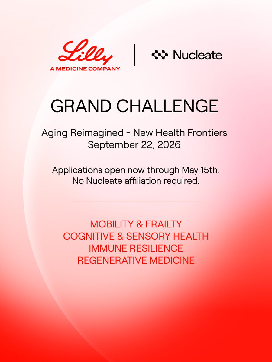 NucleateHQ's tweet image. 🚨 Applications are now open for the 2026 Grand Challenge — apply by May 15, 2026 for a chance to win a $100,000 non-dilutive grant.

Learn more and apply here: loom.ly/aVY5TxE

#biotech #startup #lifesciences #NonDilutive