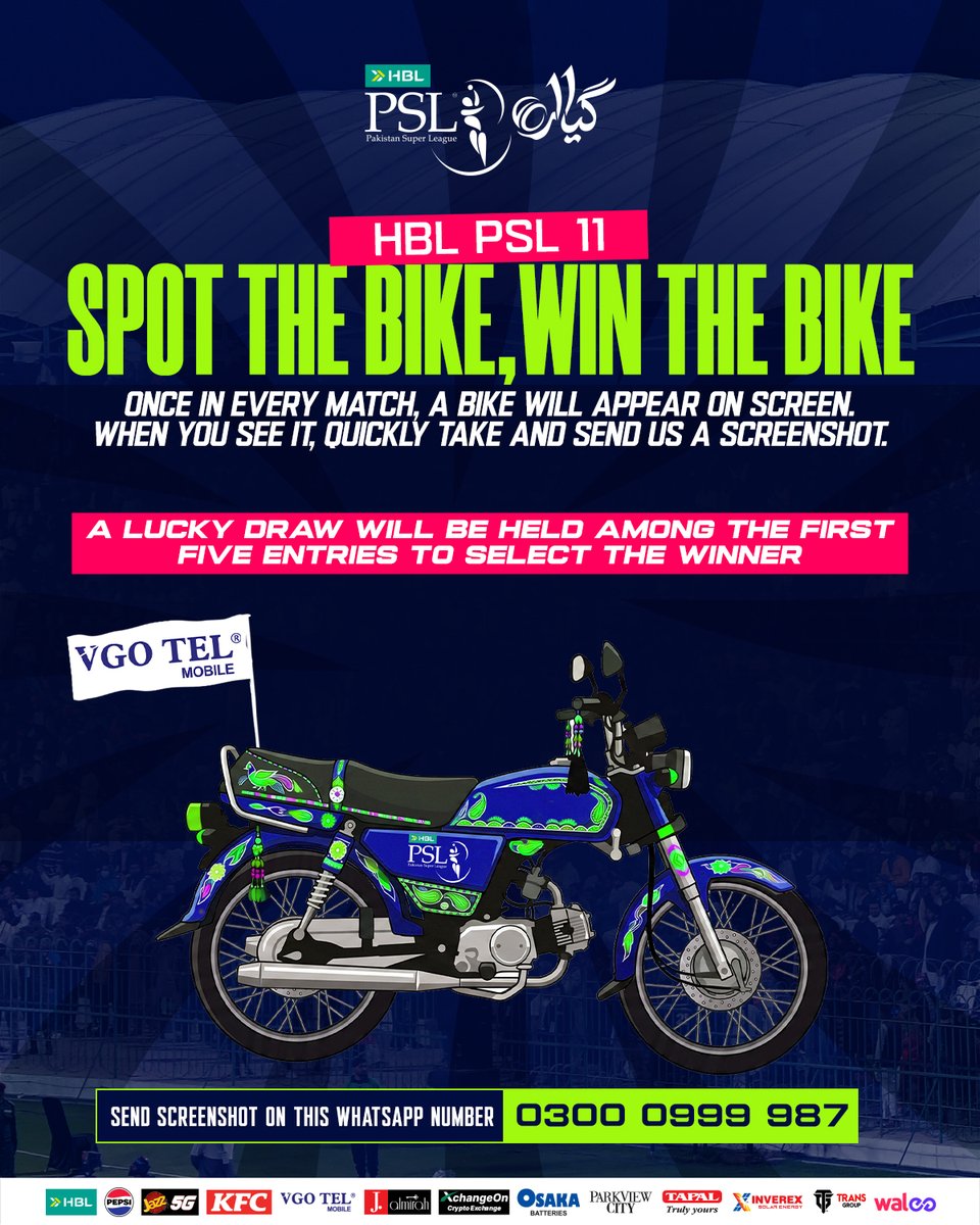 thePSLt20's tweet image. 𝐒𝐏𝐎𝐓 𝐓𝐇𝐄 𝐁𝐈𝐊𝐄, 𝐖𝐈𝐍 𝐓𝐇𝐄 𝐁𝐈𝐊𝐄!  Watch #HBLPSL11 on TV and get a chance to win a motor bike daily. Spot the motor bike at anytime of the innings, take a screenshot and share on the given number.  

#NewEra | #PZvQG