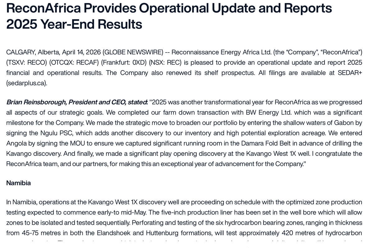$RECO.V $RECAF Subtle improvements in 4Q release. 420M now being tested (up from 345M) - very large test coverage. Timeline defined. Appraisal well already planned.  Market is underestimating upside success case.  Fair value today $2. Multiples of that if well tests positive.