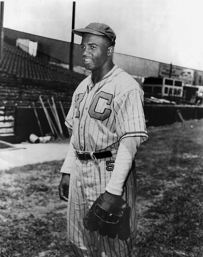 Jackie Robinson while playing shortstop for the Kansas City Monarchs of the Negro Leagues, 1945. He hit .375 with 4 home runs in 34 games.