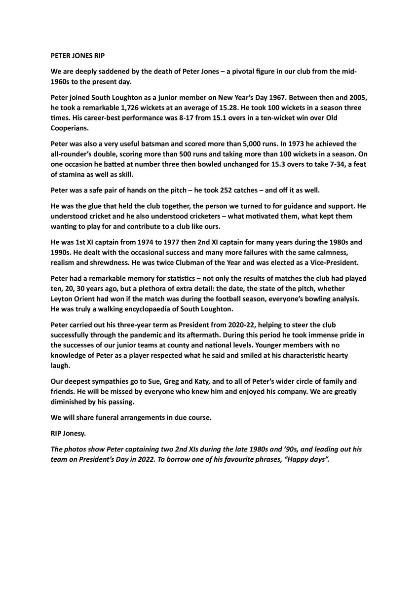 southloughtoncc's tweet photo. We are deeply saddened by the death of Peter Jones – a pivotal figure in our club since the mid-1960s. Our deepest sympathies go to Sue, Greg and Katy, and to all of Peter’s wide circle of family and friends. We are greatly diminished by his passing. @EssexCCB @MidEssexcricket https://t.co/xbpeTrYs65