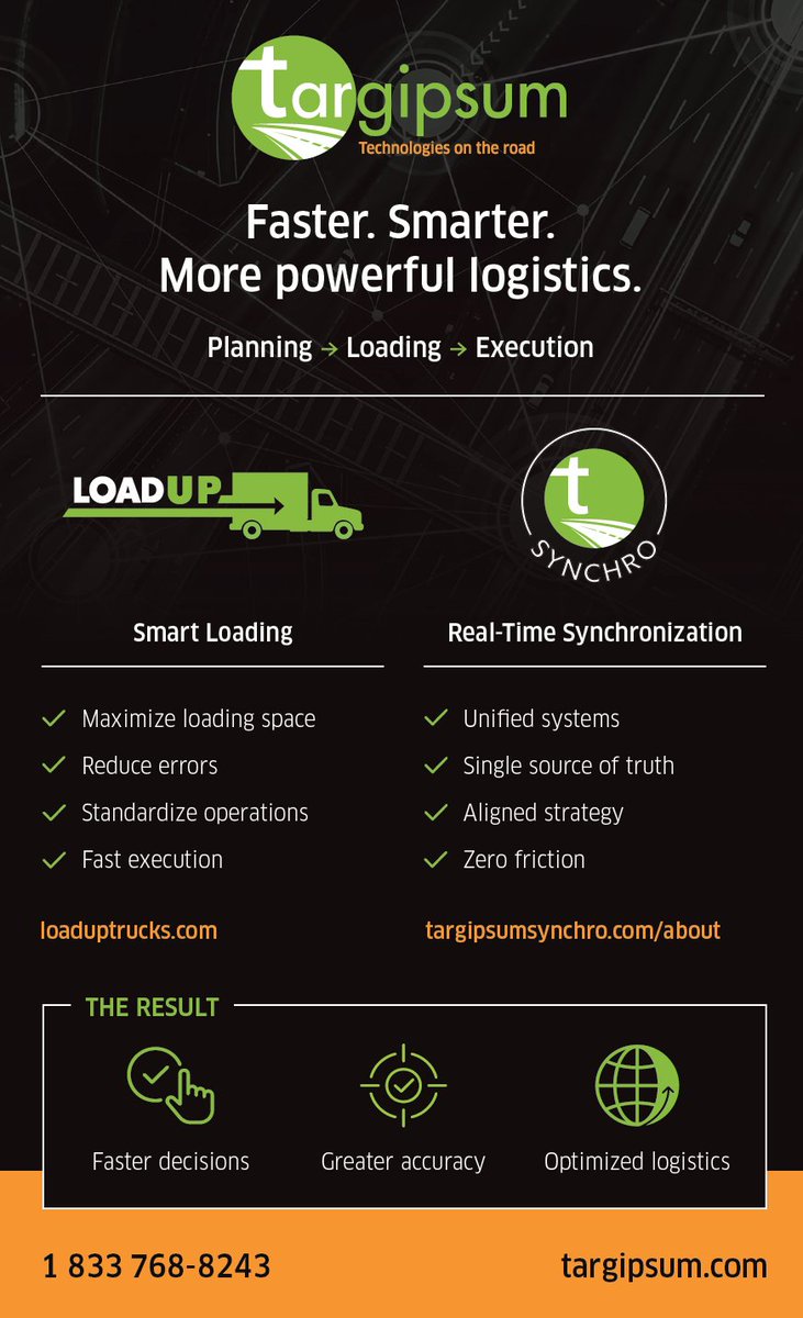 TruckWorldShow's tweet image. #sponsored 
Logistics shouldn’t be fragmented. At @TargipsumTechno, we connect planning, loading, and execution into one system. Faster decisions. Less friction. Better performance. Booth 5363 – April 16-18

#Logistics #FleetManagement #Transportation #truckworld26