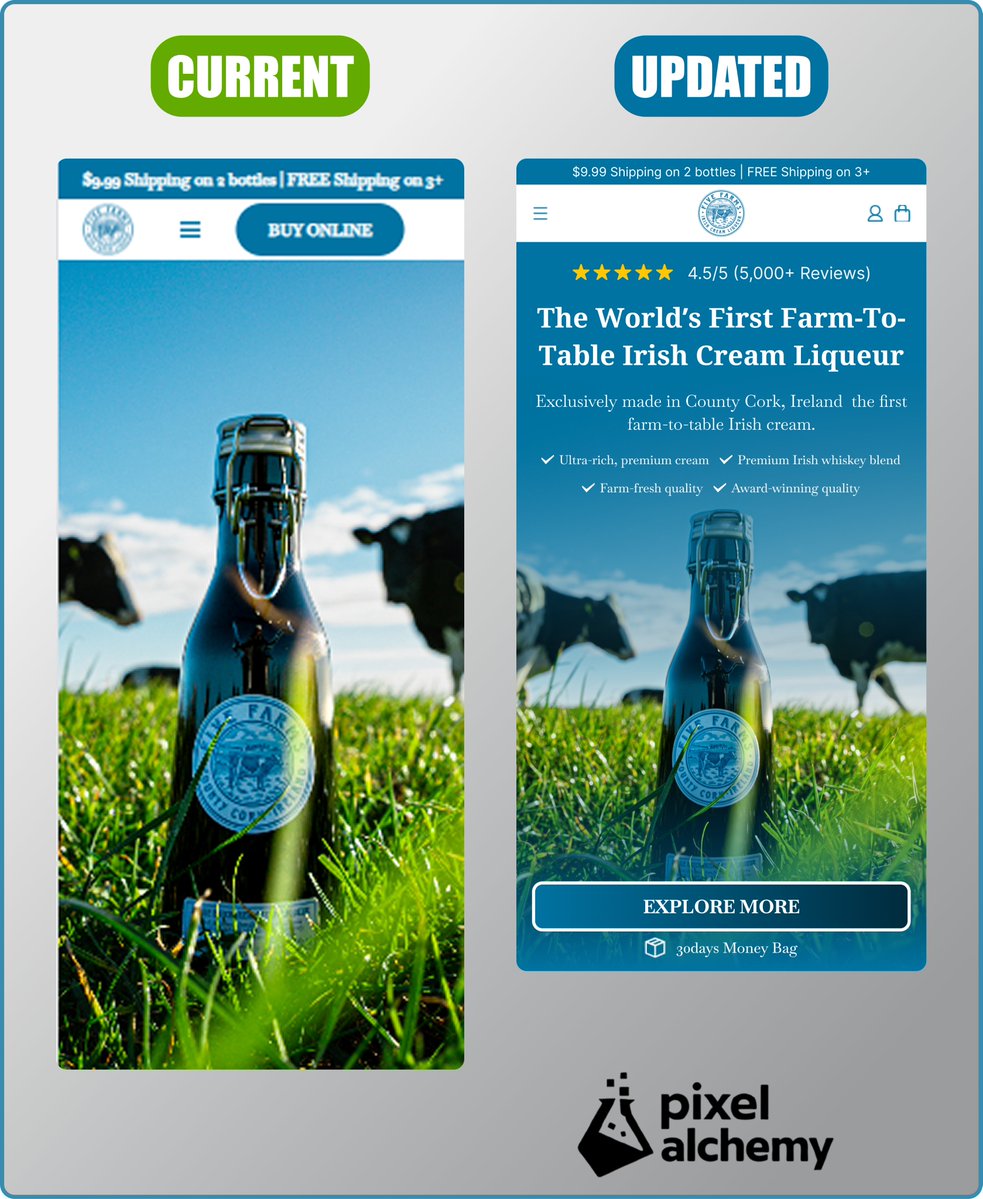 AjeigbeAbi7220's tweet image. Before &amp;amp; after redesign of Five Farms product page.

From basic to conversion-focused. From scroll to sell.

#uiux #figma #landingpage #replo
