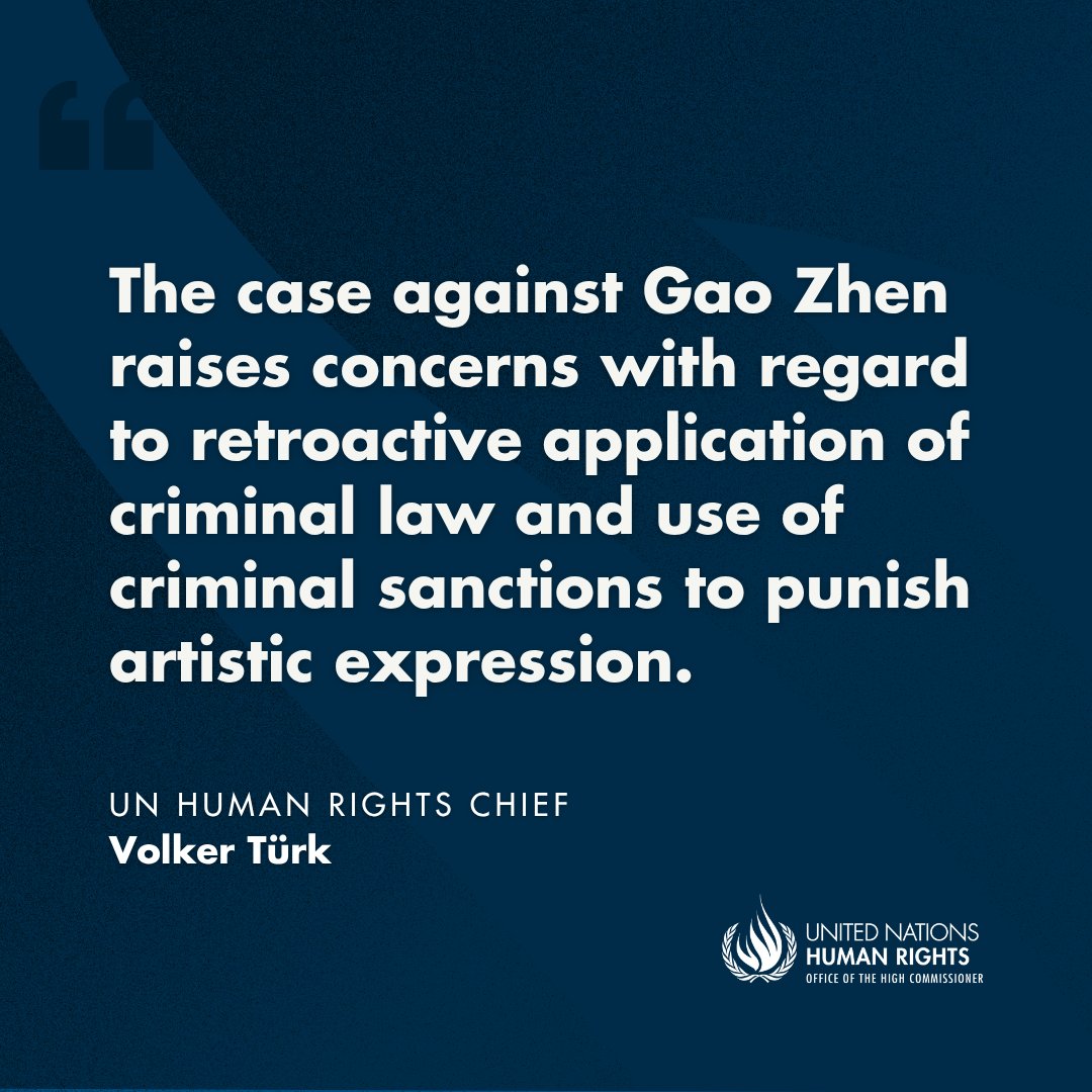 UNHumanRights's tweet image. #China: We are concerned by the trial of artist Gao Zhen on charges of “slandering heroes and martyrs”. We call for his immediate &amp;amp; unconditional release.

ohchr.org/en/press-relea…