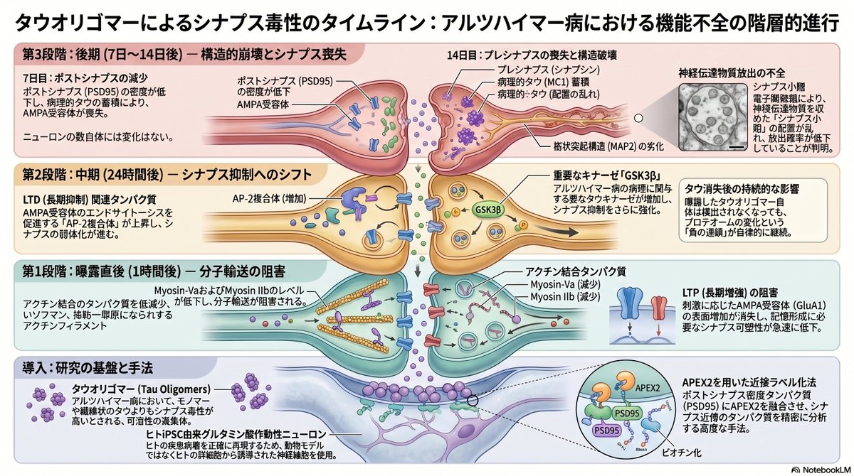 thmonk_pf's tweet image. ヒトiPSC神経細胞にAPEX2-PSD95近接proteomicsを用いtau oligomerの30分一過性曝露後の双方向性synapse障害timeline確立

1時間後にMyosinVa/IIb低下・cLTP障害
24時間後にGSK3β/AP-2複合体増加
7日後に後synapse消失
14日後に前synapse消失

OA

#Alzheimers 
#tau
#papers 
cell.com/trends/neurosc…
