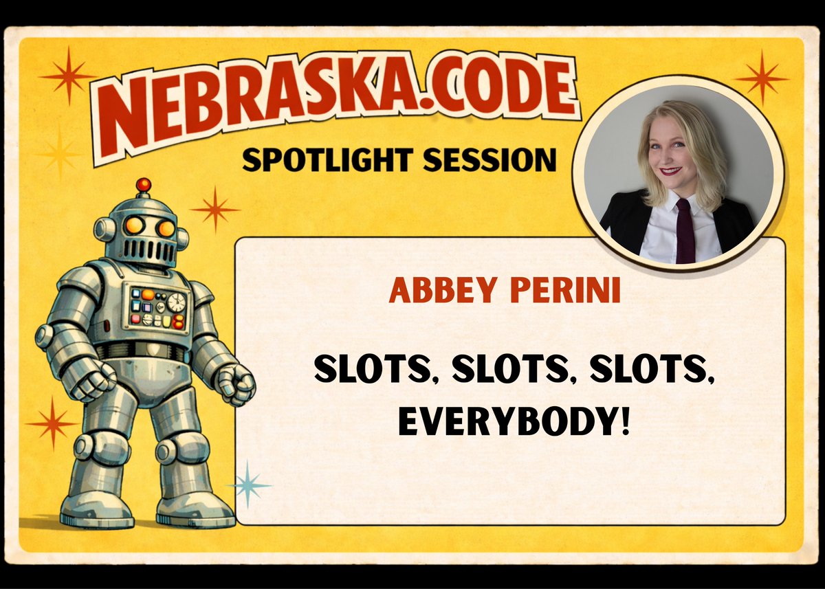 ConferenceNE's tweet image. @abbeyperini has a Spotlight Session at Nebraska.Code() this July.

Check out 'Slots, Slots, Slots, Everybody!' here: nebraskacode.amegala.com

#Wrappers #DynamicContent #WebComponents #Vue #Angular #HTML #React #TechConf @DevWorks2 @LukasPartners @mutualofomaha @FriendlyITOmaha