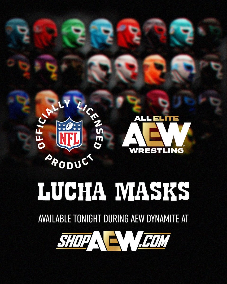 For the first time in history, AEW will be launching the AEW NFL officially licensed Lucha masks for all 32 NFL teams.

The AEW NFL collection will be available for purchase beginning tonight during #AEWDynamite at <a href="/ShopAEW/">ShopAEW.com</a>.
