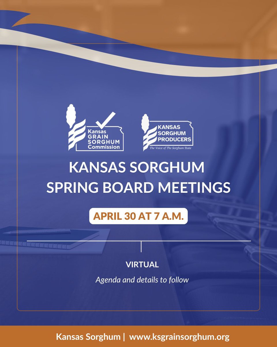 KSsorghum's tweet photo. The Kansas Grain Sorghum Commission and Kansas Sorghum Producers will host a virtual joint board meeting April 30 at 7 a.m. Contact staff for additional details. https://t.co/CLmi88u4Mf